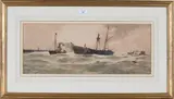 Thomas Bush Hardy, The Derelict' (Paddle Steamer towing a Sailing Vessel near a Harbour)