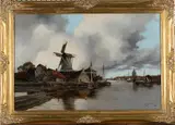 Louis Van Staaten, Canal Scene with Windmill and Boats, oil on canvas