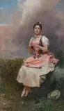 Raimundo de Madrazo y Garreta, The Rendezvous (Young Lady sewing while seated on a Wall), oil on panel
