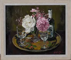 John Codner, Still Life with Roses and Bottle, 1988, oil on board