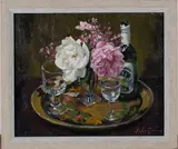 John Codner, Still Life with Roses and Bottle, 1988, oil on board