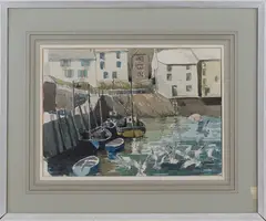 John Anthony Park, Cornish Harbour Scene with Boats and Gulls, watercolour and ink over pencil