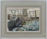 John Anthony Park, Cornish Harbour Scene with Boats and Gulls, watercolour and ink over pencil