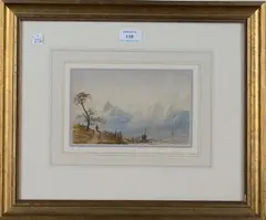 Lake Scene with Boats and Distant Mountains by Charles Smith Varley, watercolour, sold Jun 2019