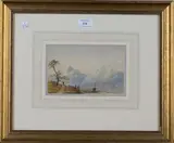 Charles Smith Varley, Lake Scene with Boats and Distant Mountains, watercolour