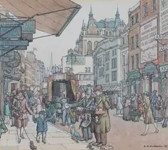 Stanley Roy Badmin, Strand Scene, ink with watercolour