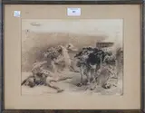 Gaetano Previati, A Sword Fight, and Men with Swords near a Gothic Arch, a pair of late 19th century pen and inks