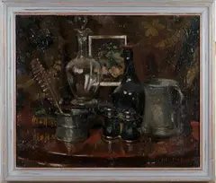 Still Life with Bottles, Inkwell, Pewter Jug and Binoculars by John Codner, oil on canvas, sold Mar 2019