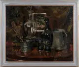 John Codner, Still Life with Bottles, Inkwell, Pewter Jug and Binoculars, oil on canvas