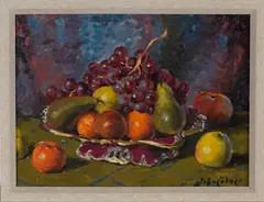 Still Life with Apples, Grapes, Oranges and Pears in a Bowl by John Codner, oil on board, sold Mar 2019