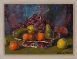 John Codner, Still Life with Apples, Grapes, Oranges and Pears in a Bowl, oil on board
