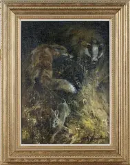 Mick Cawston, Badger, Fox and Rabbit, oil on canvas-board