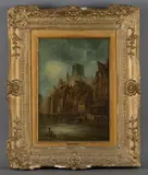 Wilhelm Hermann, View of a Continental Quayside, oil on panel