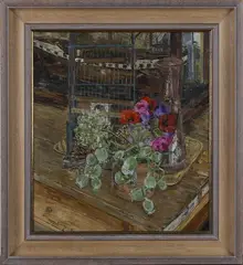 Olwyn Bowey, Poppies and Anemones, oil on board