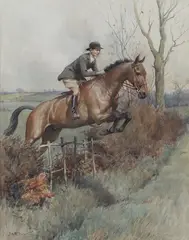 Frank Algernon Stewart, Huntswoman on Horseback jumping a Fence, watercolour