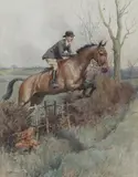 Frank Algernon Stewart, Huntswoman on Horseback jumping a Fence, watercolour