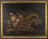 Berthe Mouchette, Still Life with Fruit, Flowers and Birds, oil on canvas