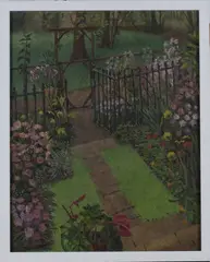 Charles Wollaston, Summer Garden with Open Gate and Flower Border, oil on canvas