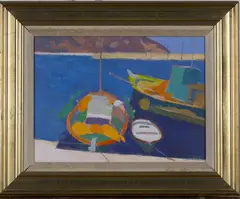Fishing Boats at Chios, Greece by Colin Hayes, oil on board, sold Nov 2018