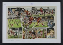 Mike White, Cartoon Strip from Roy of the Rovers, ink with watercolour and gouache