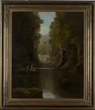 Francis Sydney Muschamp, Two Figures on a Rock before a Waterfall, 1875, oil on canvas