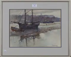 Frank Rousse, Sailing Vessels moored in a Harbour, watercolour