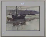 Frank Rousse, Sailing Vessels moored in a Harbour, watercolour