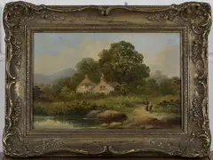 Charles Vickers, Figures on a Path with Cottages and Trees beyond, oil on canvas