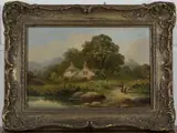 Charles Vickers, Figures on a Path with Cottages and Trees beyond, oil on canvas
