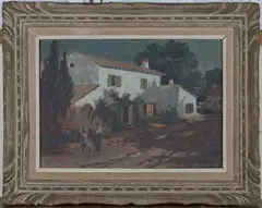 Moonlit Landscape with House and Figures, probably Algeria by Benjamin Sarraillon, oil on board, sold Nov 2018