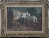 Benjamin Sarraillon, Moonlit Landscape with House and Figures, probably Algeria, oil on board