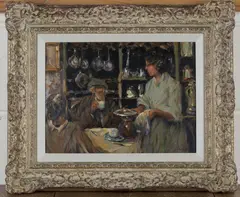 Interior Scene with Figures at a Dining Table by Ken Moroney, late 20th/early 21st century oil on board, sold Nov 2018