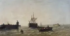 William Adolphus Knell, Evening' (Tall Ships, a Hulk and a Rowing Boat at the Mouth of a Harbour), oil on canvas