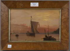 William Jenner, Sailing Vessels in a Harbour at Sunset, 1881, oil on board