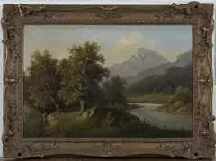 Carl Gustav Wegener, Alpine Valley with Figure on a Path beside a River, oil on canvas