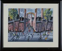 John Ormsby, Street Scene with Terrace, Figures and Rainbow, oil on canvas