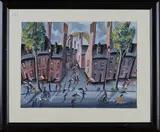 John Ormsby, Street Scene with Terrace, Figures and Rainbow, oil on canvas