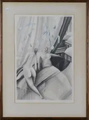 M.S. Palfrey, Two Figures on a Bed with a Skyline beyond, 1983, graphite with gouache