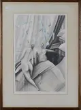 M.S. Palfrey, Two Figures on a Bed with a Skyline beyond, 1983, graphite with gouache