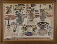 George Hooper, Still Life of Jugs, Vases and Fruit on a Ledge, 1957, watercolour