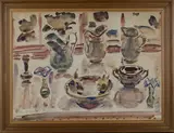 George Hooper, Still Life of Jugs, Vases and Fruit on a Ledge, 1957, watercolour