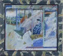 Mick Rooney, Pekinese on Hove Seafront with Bijou O'Connor, watercolour with gouache