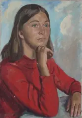 Leonard John Fuller, Half Length Portrait of a Lady wearing a Red Jumper, oil on canvas