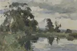 Edward Wesson, Landscape with Lake and Boat, oil on board