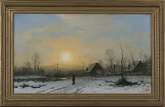 Frederick William Meyer, Winter Landscape with Figure and Houses at Sunset, 1886, oil on canvas