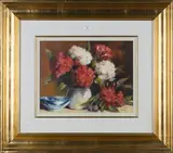 Lorraine Christie, Still Life of Flowers in a Vase beside a Bowl, oil on canvas-board