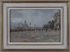 John Linfield, Venetian Street Scene with Birds and Figures, the Santa Maria della Salute in the distance, oil on board