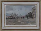John Linfield, Venetian Street Scene with Birds and Figures, the Santa Maria della Salute in the distance, oil on board