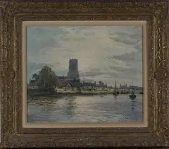 Jan Van Helke, River Landscape with Church and Boats, oil on canvas
