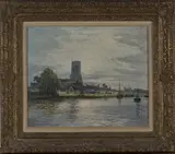 Jan Van Helke, River Landscape with Church and Boats, oil on canvas